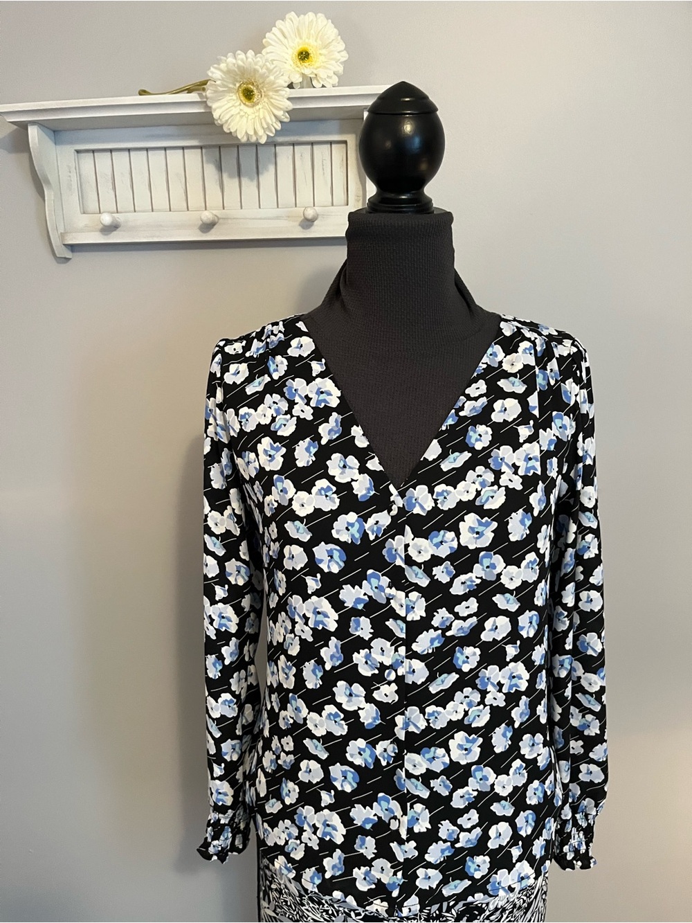 J. Crew Black Floral V-Neck Button up Blouse with Blue & White Blooms EUC